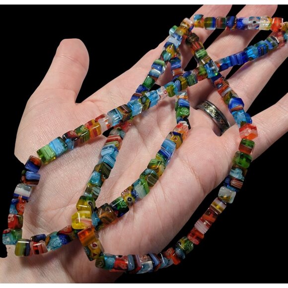 Rainbow Millefiori Glass Cube Beaded Necklace - Picture 3 of 6